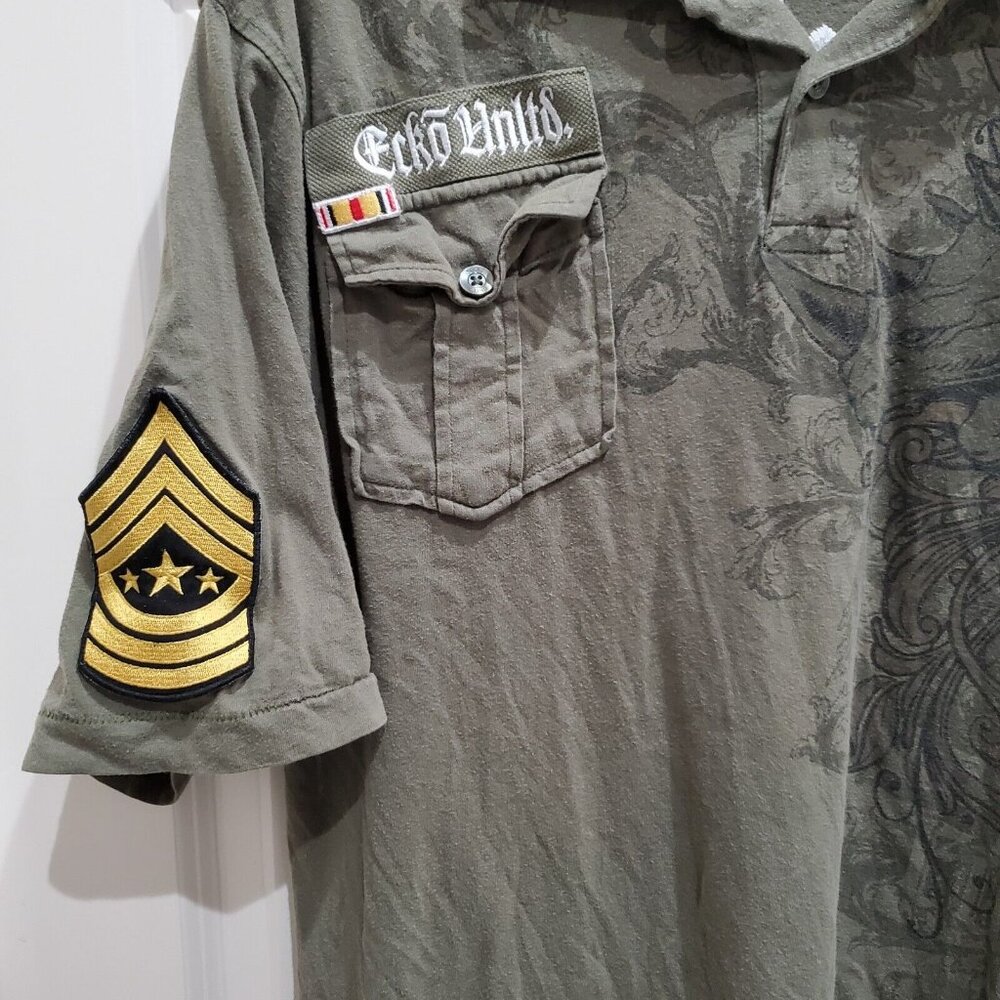 Rare Y2K Ecko Unlimited Polo Shirt Mens XL Military Patch Rhino green Embroidery - Picture 8 of 9